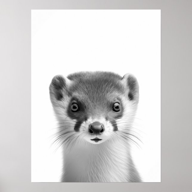 Weasel Woodland Modern Portrait black white    Poster (Front)