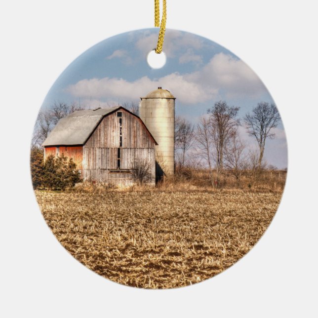 Weathered Barn & Silo in Cornfield Ceramic Tree Decoration (Front)