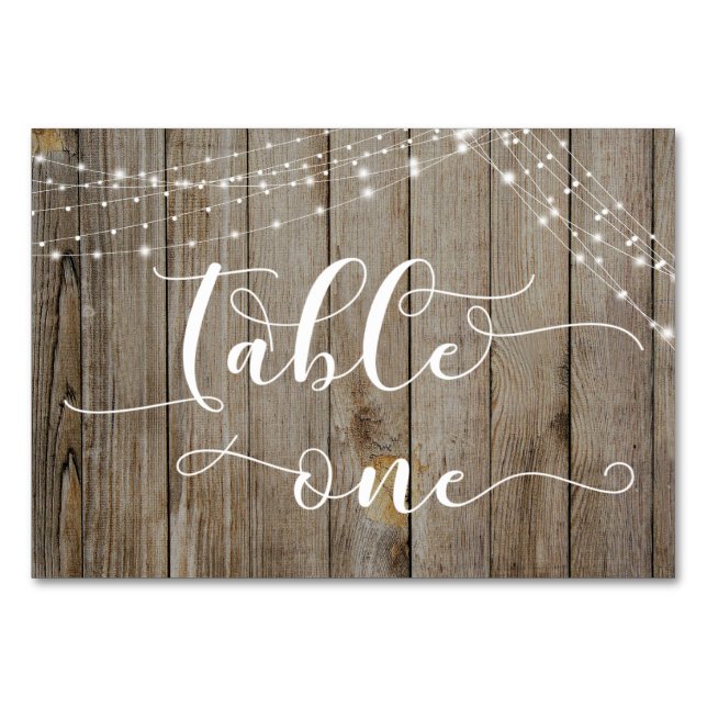 Weathered Brown Wood Light Strings Table One Card (Front)