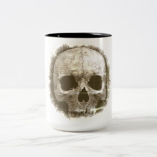 Weathered Burlap Skull Gothic Black Rim Mug