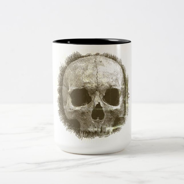 Weathered Burlap Skull Gothic Black Rim Mug (Center)