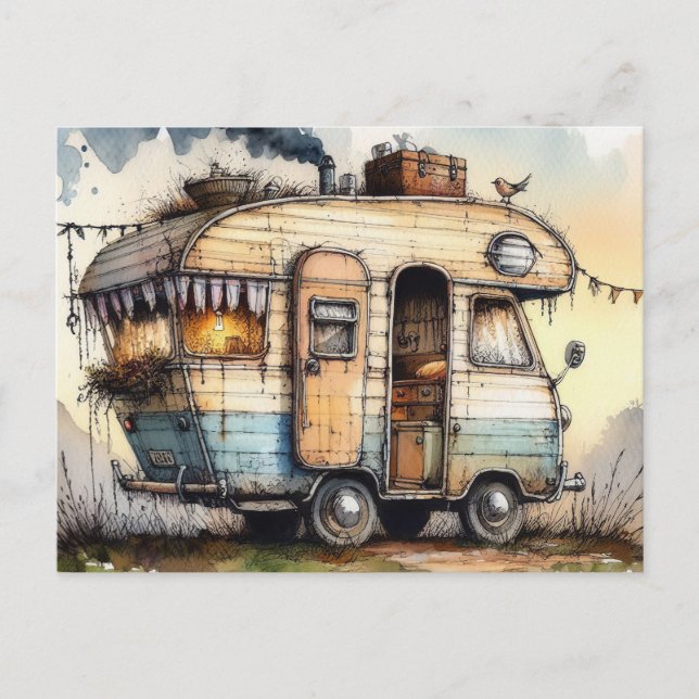 Weathered Caravan Camper RV Watercolor Style  Postcard (Front)