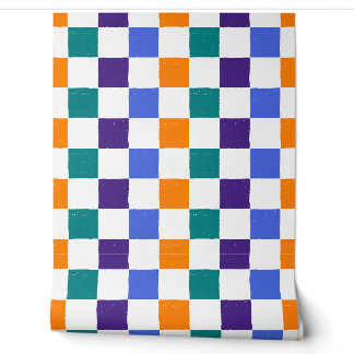 Weathered Chequerboard Orange, Teal, Blue, Purple Wallpaper