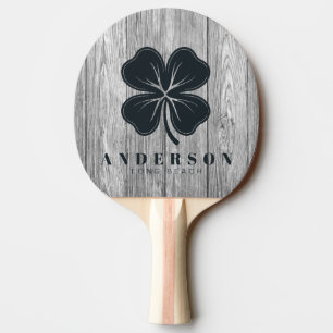 Weathered Dark Grey Wood Four Leaf Clover withName Ping Pong Paddle