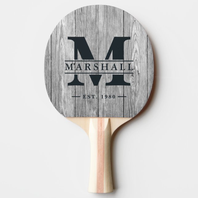 Weathered Dark Grey Wooden Monogram & Name Overlay Ping Pong Paddle (Back)