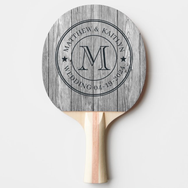Weathered Dark Grey Wooden Wedding Monogram Star Ping Pong Paddle (Front)