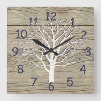 Weathered Driftwood with Tree Artwork Square Wall Clock