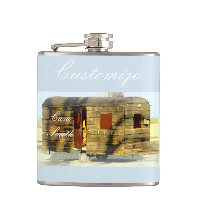 Weathered gypsy caravan Thunder_Cove any colour Hip Flask (Front)