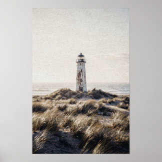 Weathered Lighthouse Among Coastal Dunes Poster