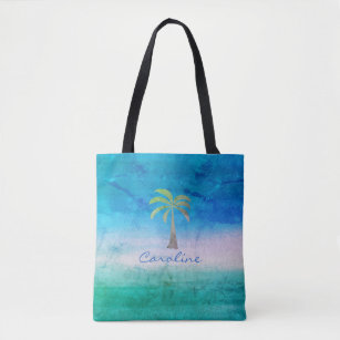 Weathered Palm Tree Ocean Blue Green Tote Bag