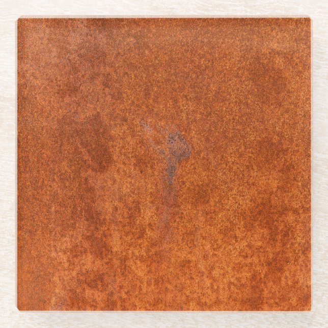 Weathered rusted metal: orange-red texture. glass coaster (Front)