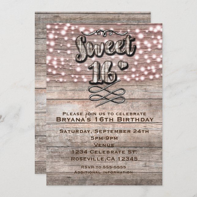 Weathered Rustic Wood & Lights SWEET 16 Invitation (Front/Back)