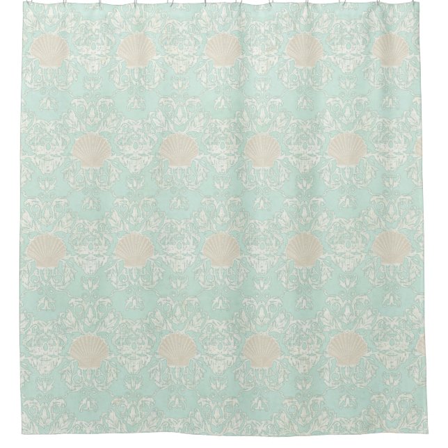Weathered Scallop Shell Beach Damask Pattern Aqua Shower Curtain (Front)