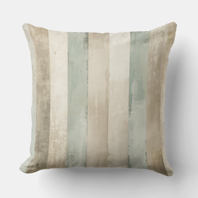 Weathered Soft Blue Tan Brown White Rustic Stripe Cushion (Front)