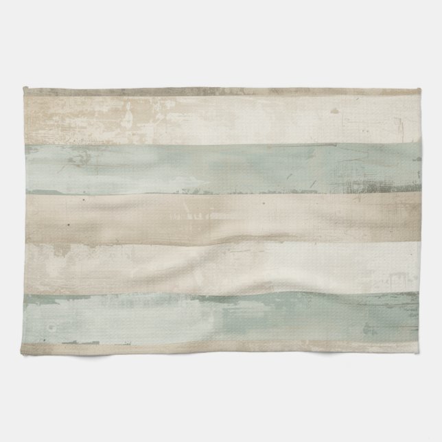 Weathered Soft Blue Tan Brown White Rustic Stripe Tea Towel (Horizontal)