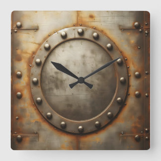 weathered steel, metal look square wall clock