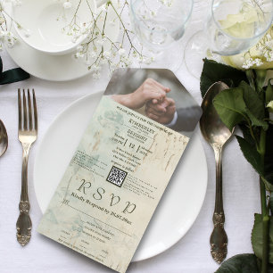 Weathered Texture with Floral Hints QR Code Photo All In One Invitation