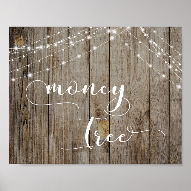 Weathered Wood and Lights Wedding Money Tree Sign (Front)
