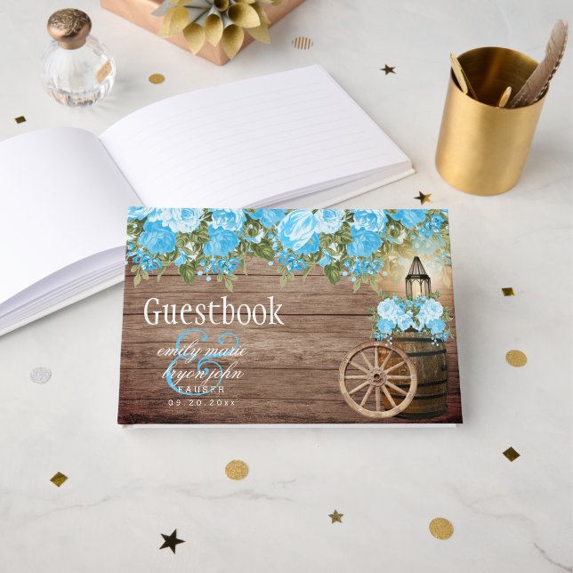 Weathered Wood Barrel - Baby Blue Flower Guest Book (Front Open)