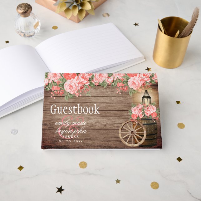 Weathered Wood Barrel - Coral Flower Guest Book (Front Open)