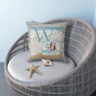 Weathered Wood Beach Scene Monogram Cushion