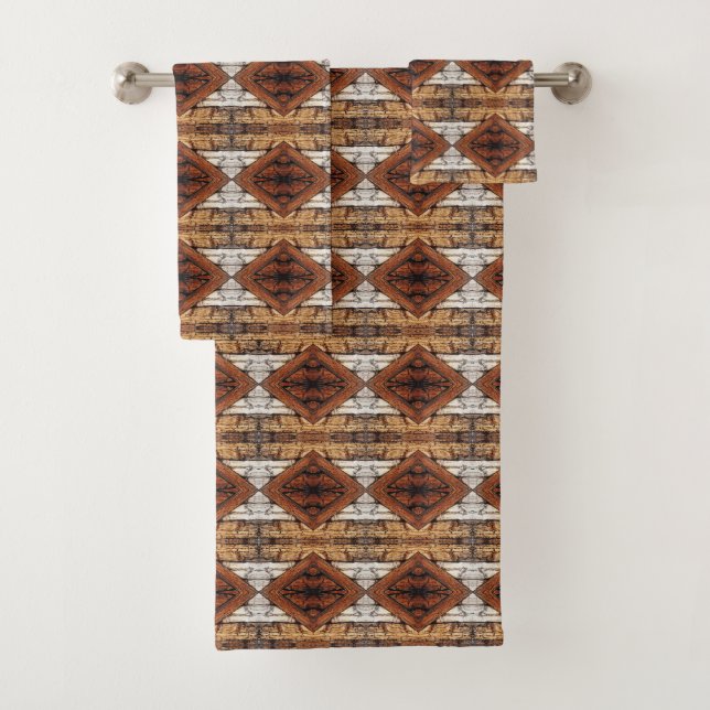 Weathered Wood Planks Diamond Pattern Mixed Media Bath Towel Set (Insitu)