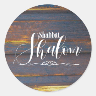 Weathered Wood Shabbat Shalom, Dark Blue Gold Classic Round Sticker