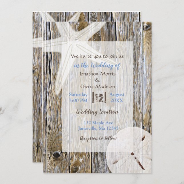 Weathered Wood Starfish and Sand Dollar Beach Invitation (Front/Back)