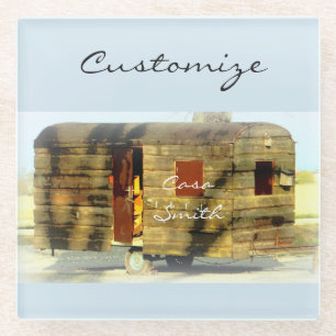Weathered wood travel trailer Thunder_Cove Glass Coaster
