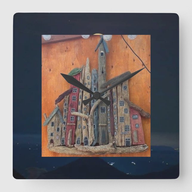 Weathered Wood Wonders – A Charming Handmade Town Square Wall Clock (Front)