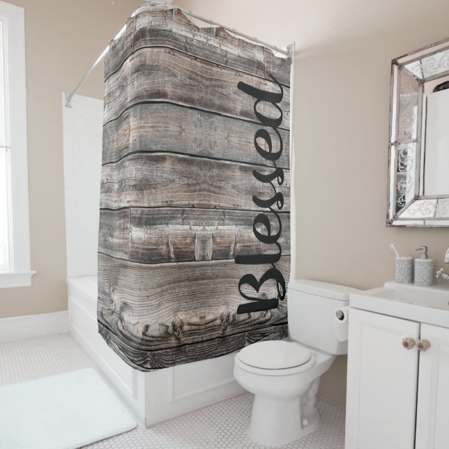 weathered WOODEN PLANKS script blessed Shower Curtain (In Situ)