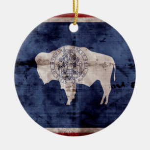Weathered Wyoming Flag Ceramic Tree Decoration