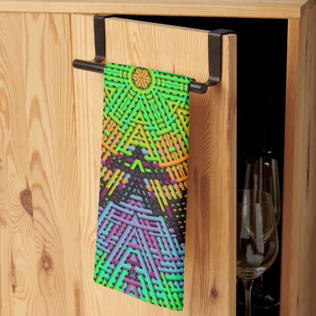 Weave Mandala Green Orange and Purple Tea Towel (Thirds Fold)