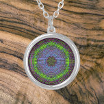 Weave Mandala Green Purple and Blue Silver Plated Necklace<br><div class="desc">This funky mandala features green,  purple,  and blue in a basket weave style. Psychedelic visuals for the modern hippie or anyone who loves groovy colours.</div>