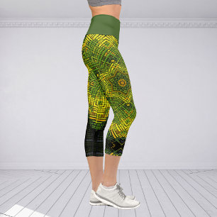 Weave Mandala Green Yellow and Black Capri Leggings