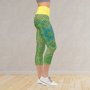 Weave Mandala Green Yellow and Blue Capri Leggings