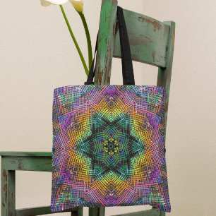 Weave Mandala Teal Yellow and Pink Tote Bag
