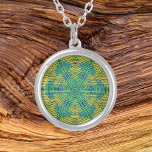 Weave Mandala Yellow Green and Blue Silver Plated Necklace<br><div class="desc">This funky mandala features yellow,  green,  and blue in a patchwork,  woven thread style. Psychedelic visuals for the modern hippie or anyone who loves groovy colours.</div>