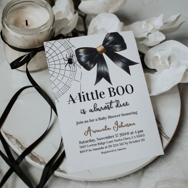 Web Halloween Little Boo Black Bow Baby Shower  Invitation (Creator Uploaded)