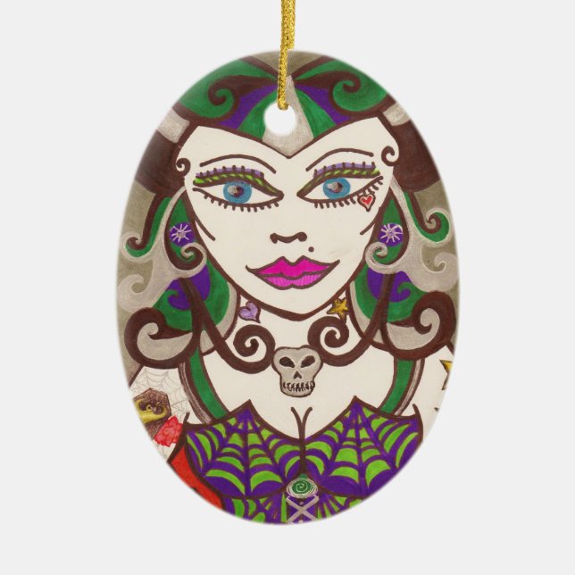 "Web Mistress" Ceramic Tree Decoration (Front)