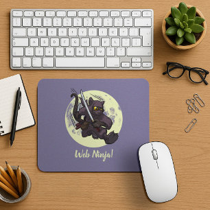 Web Ninja Jumping Black Cat Ninja Katana Cartoon Mouse Pad