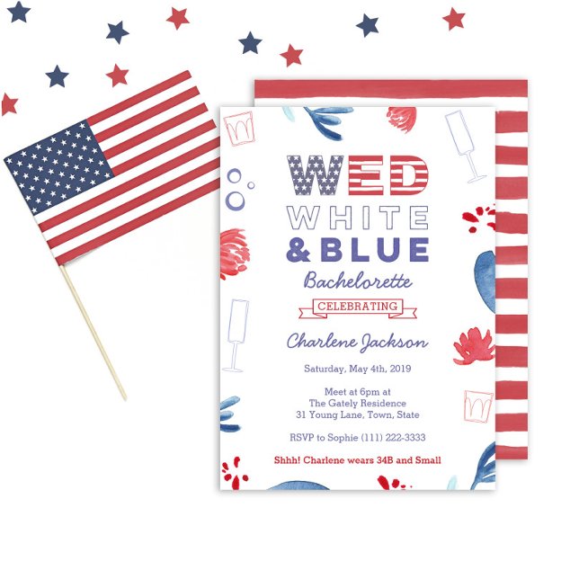 WED Red White and Blue Bachelorette Bridal Shower Invitation (Wed White And Blue Bachelorette Party Invitation )