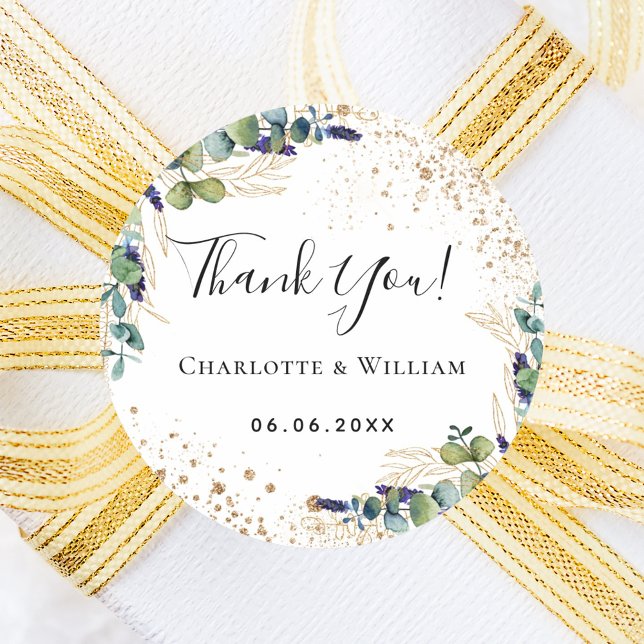 Weddding eucalyptus greenery glitter thank you  classic round sticker (Creator Uploaded)