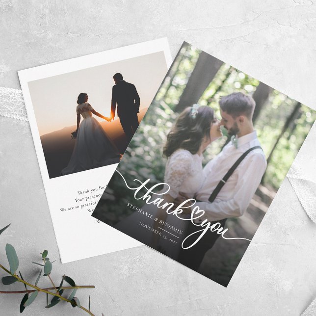 Wedding 2 Photos Hand-Lettered Thank You Card (Wedding Photos Elegant Script Wedding Thank You Note Card)