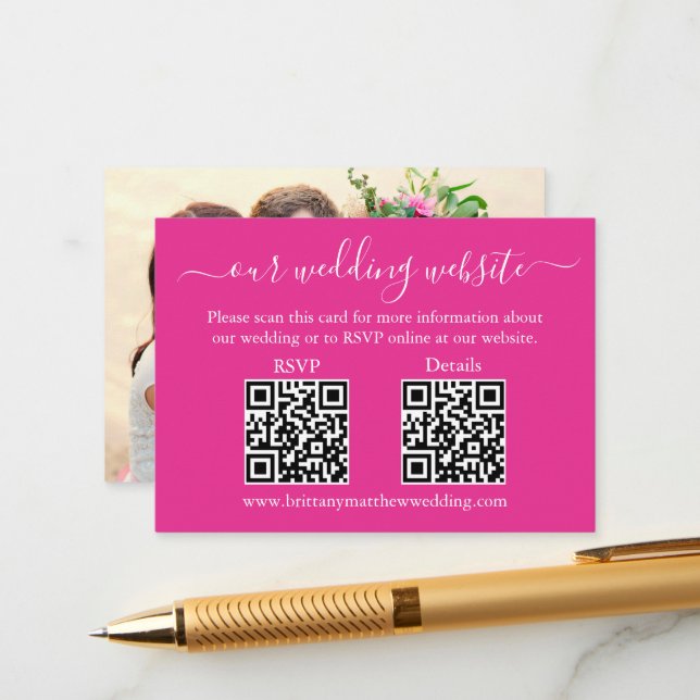 Wedding 2 QR RSVP Details Photo Hot Pink Enclosure Card (Front/Back In Situ)