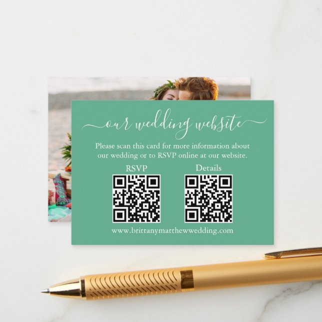 Wedding 2 QR RSVP Details Photo Neo Mint Green Enclosure Card (Front/Back In Situ)