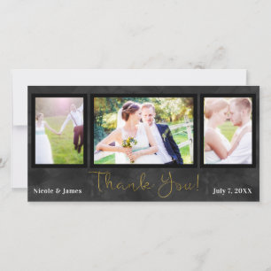 Wedding 3 Photo Picture Black Gold Thank You Card
