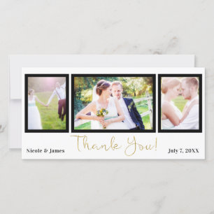 Wedding 3 Photo Picture Black Gold Thank You Card