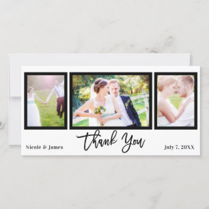 Wedding 3 Photo Picture Black White Thank You Card