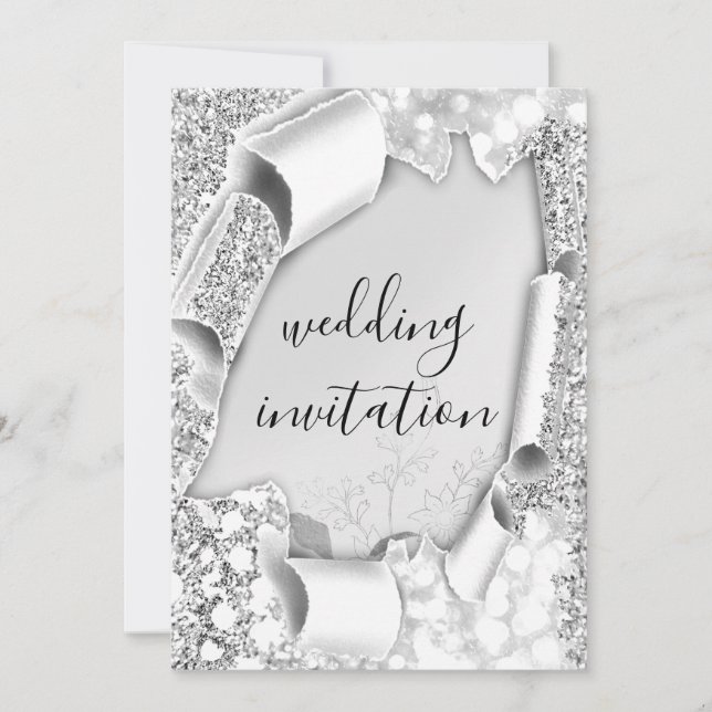 Wedding 3D Cart Effect Frame Florals Silver Grey Invitation (Front)
